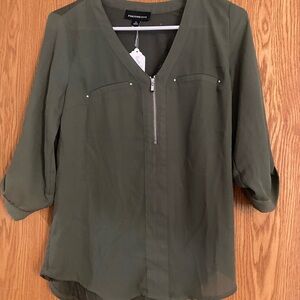 Green 3/4 Sleeve Blouse with V-Neck and Stud Details